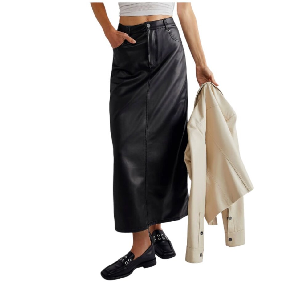 We the Free People City Slicker Vegan Faux Leather Maxi Skirt Womens 0 Black - Picture 13 of 14